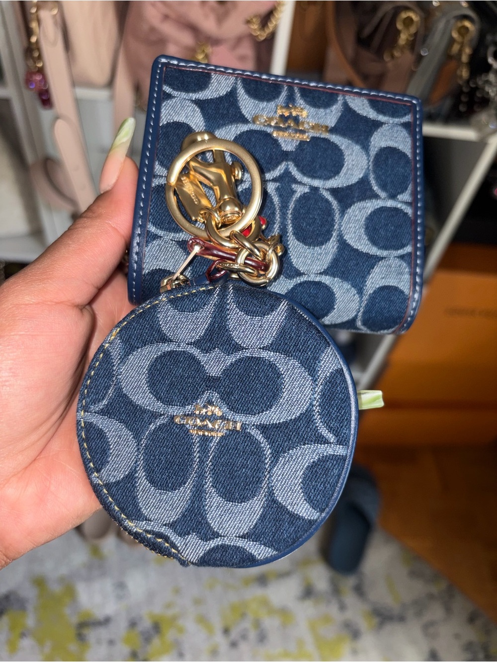 Coach Denim Signature Cherry Coin Pouch & Card Holder Set